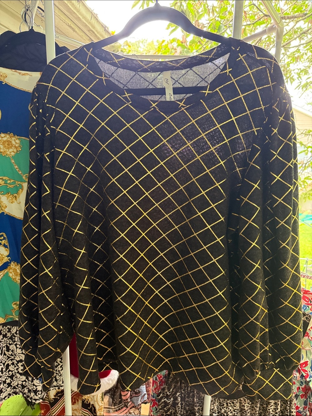NWT Womens NY Collection 2X Black and Metallic Gold Grid-Pattern Top